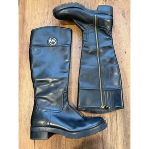 Michael Kors‎ Black Leather Knee High Boots Gold MK Logo Lug Sole Women US 7.5M